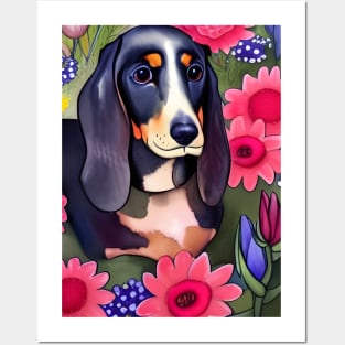 Basset Hound Dachshund Mix Basschshund Dog Puppy Whimsical Portrait Hiding in Wildflowers Secret Garden Digital Art Watercolor Painting Posters and Art